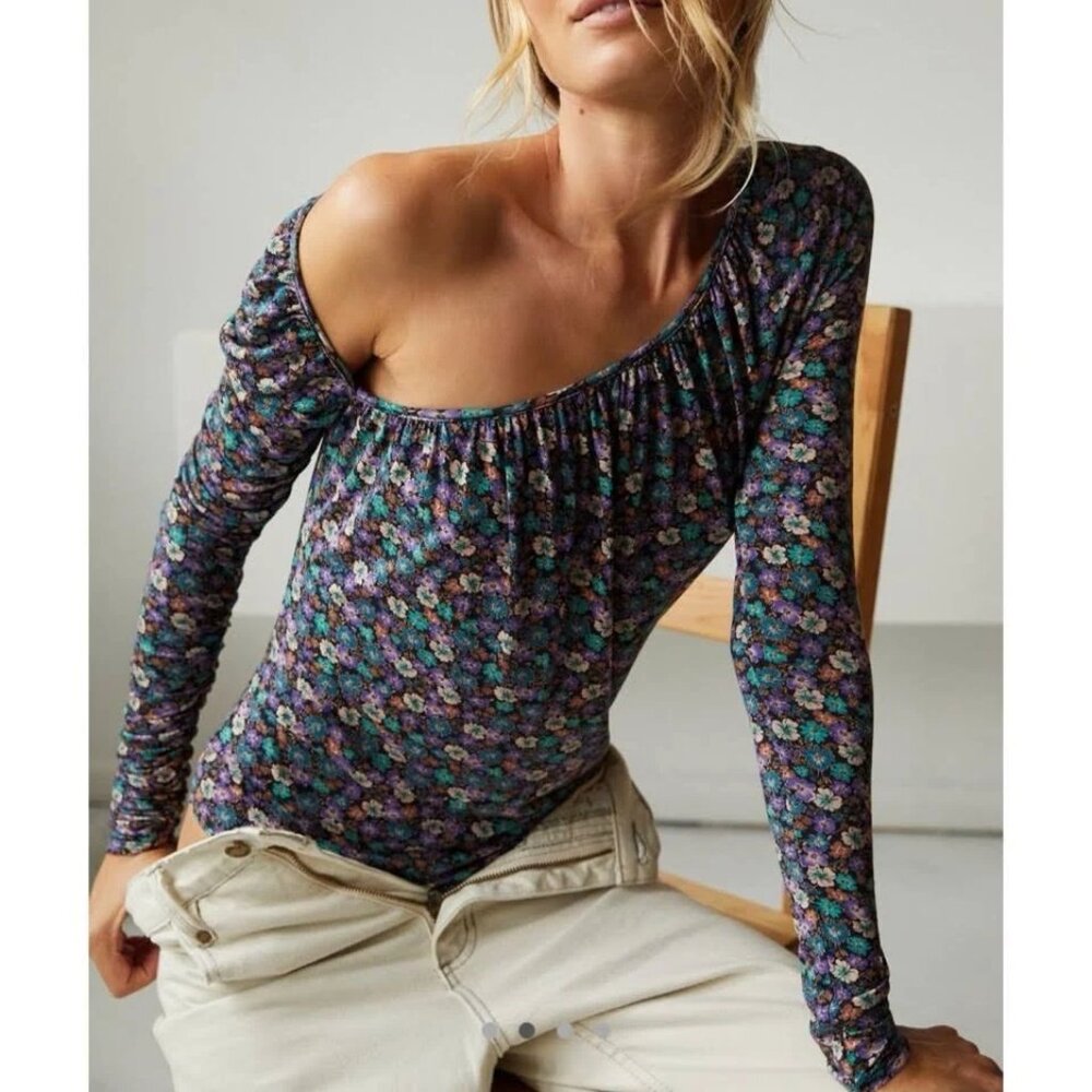 Ronny Kobo Maxima Printed Bodysuit sz M purple teal asymmetric neck line ruched